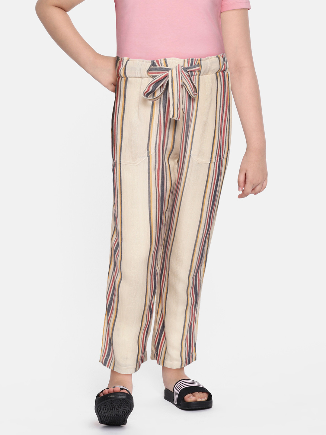 

luyk Girls Beige Striped High-Rise Trousers