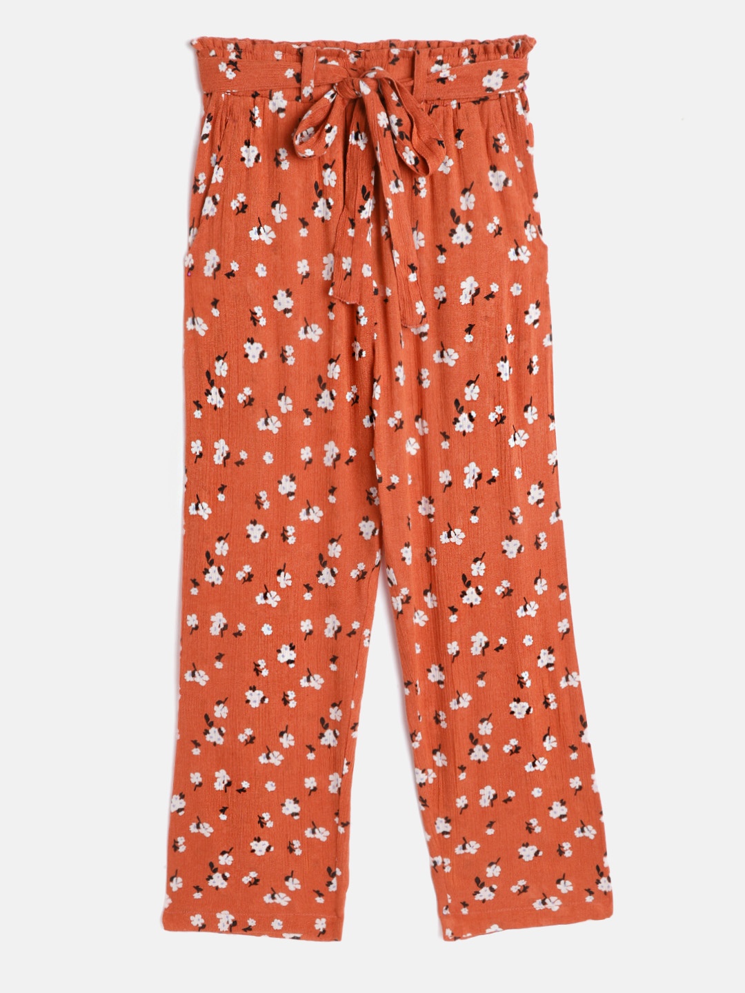 

luyk Girls Orange Floral Printed High-Rise Trousers