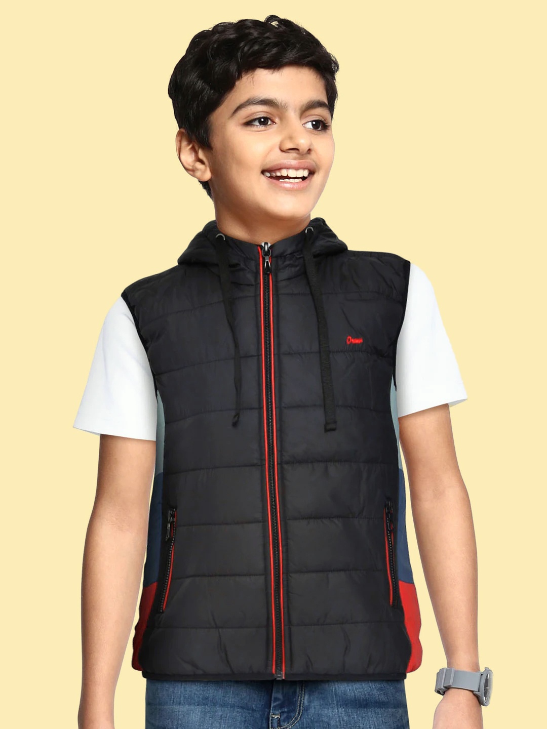 

Okane Boys Black Blue Solid Hooded Bomber Jacket with Colourblocked Detail