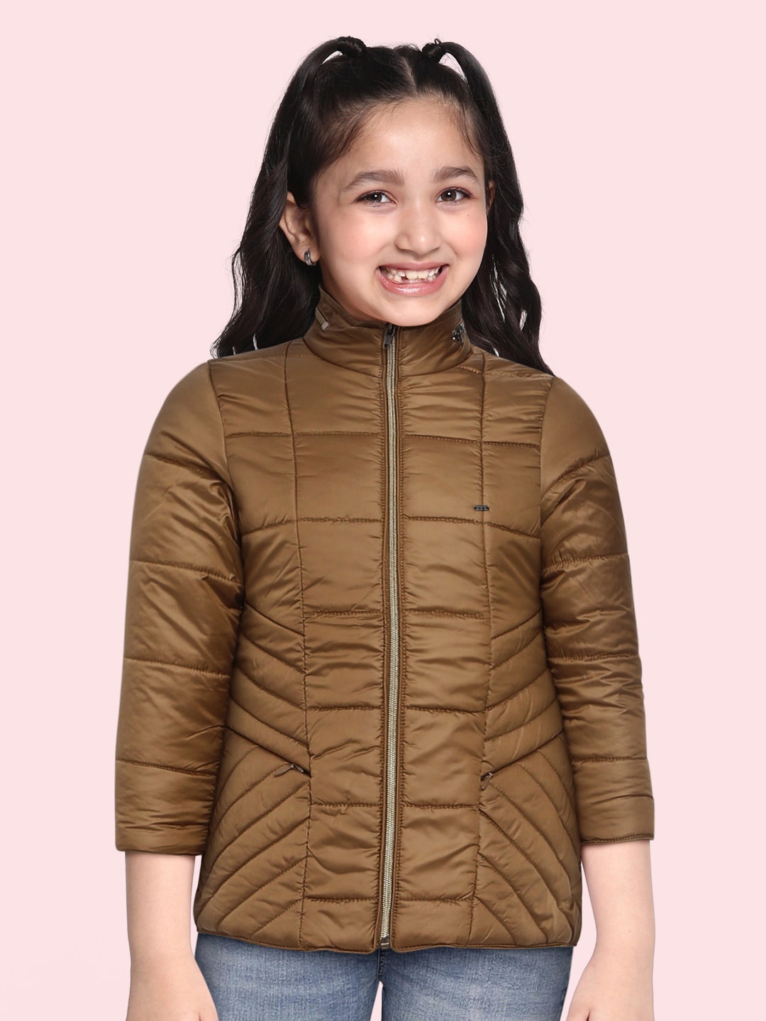 

Okane Girls Olive Brown Solid Padded Jacket with Concealed Hood