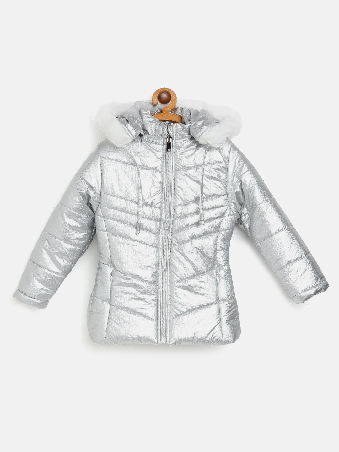 

Okane Girls Silver Sheen Effect Faux Fur Detail Parka Jacket with Detachable Hood