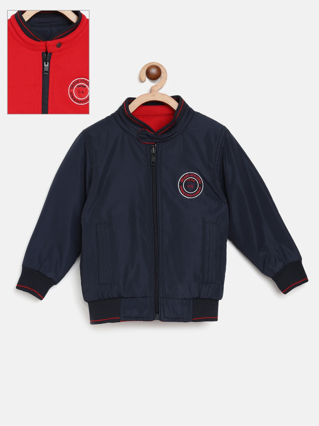 

Okane Boys Navy Blue & Red Solid Reversible Bomber Jacket