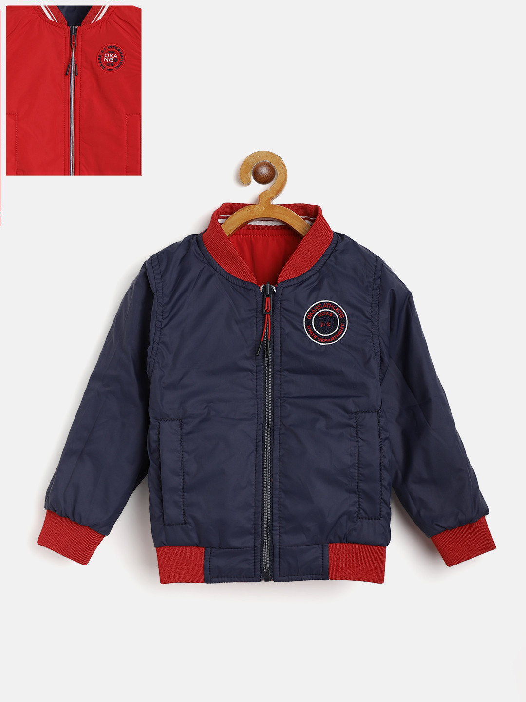 

Okane Boys Navy Blue & Red Solid Reversible Bomber Jacket