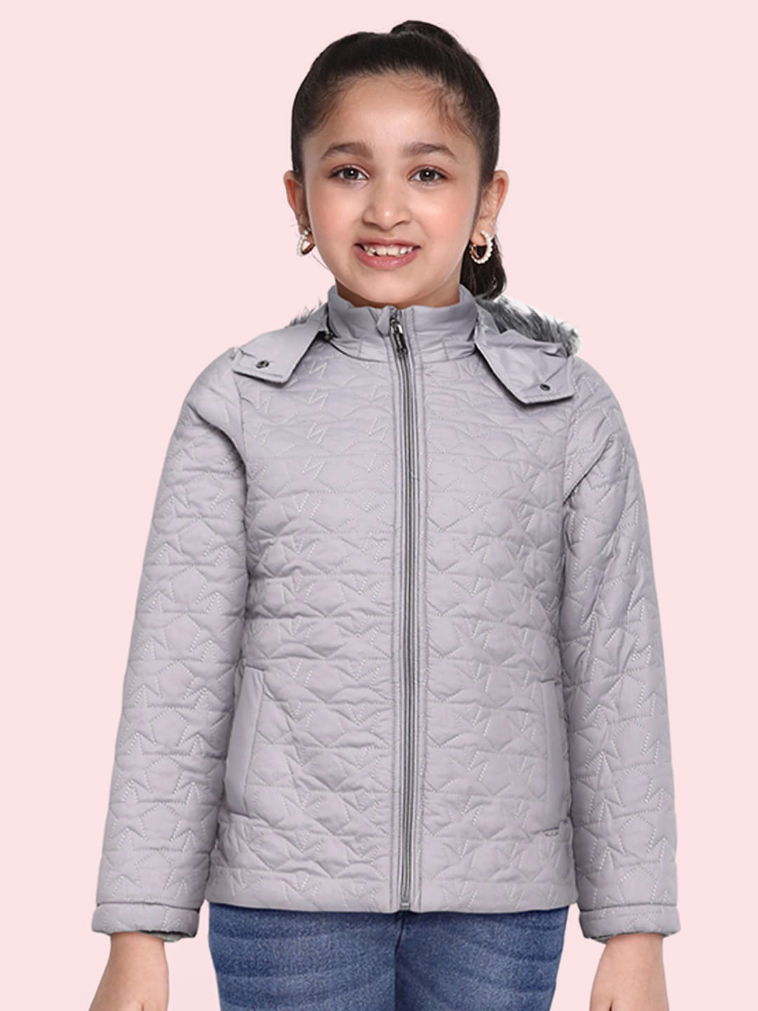 

Okane Girls Grey Star Embroidered Parka Jacket with Detachable Faux Fur Trimmed Hood