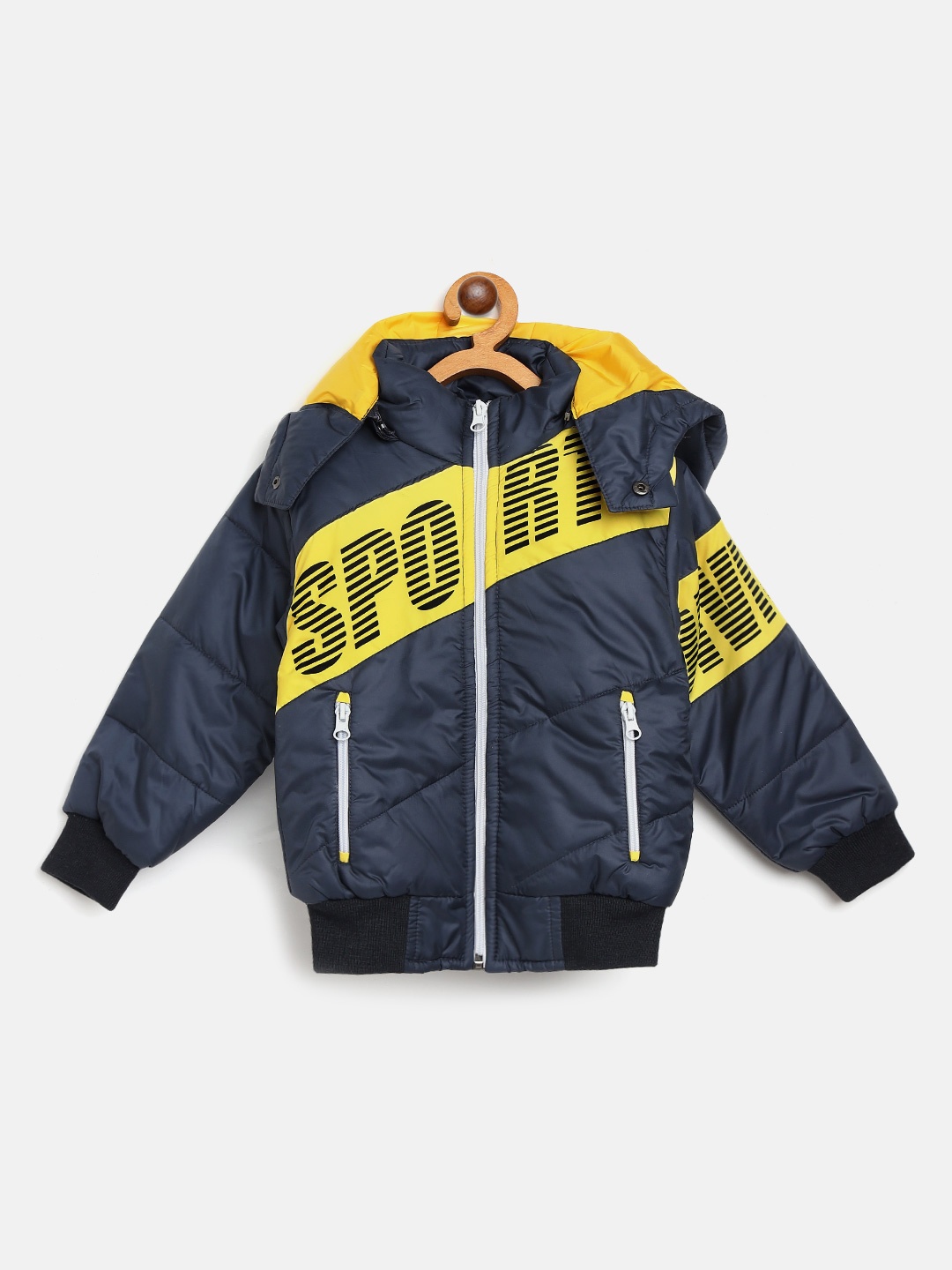 

Okane Boys Navy Blue & Yellow Typography Print Hooded Bomber Jacket
