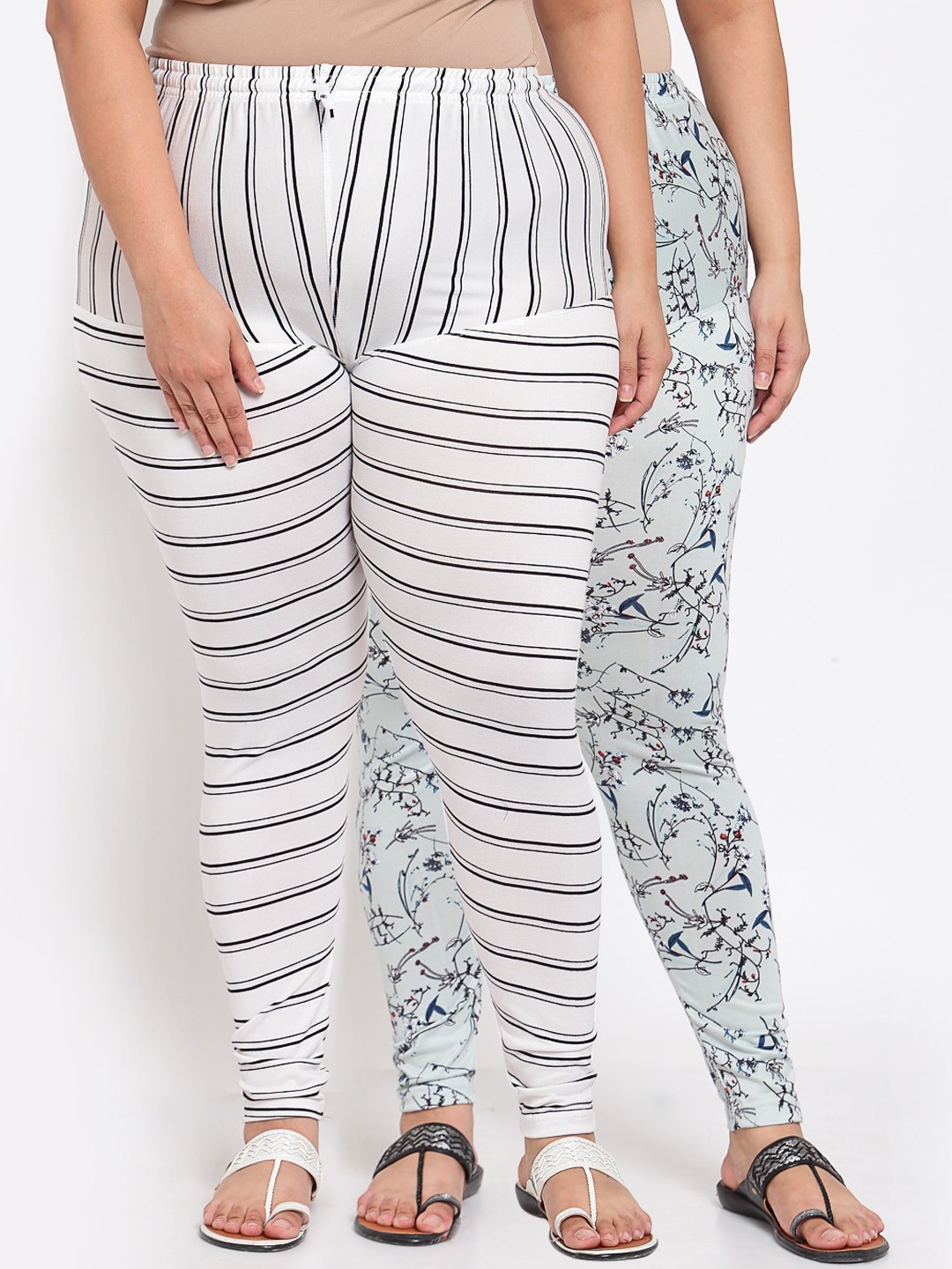 

KLOTTHE Women Plus Size Pack of 2 Off White & White Printed Leggings