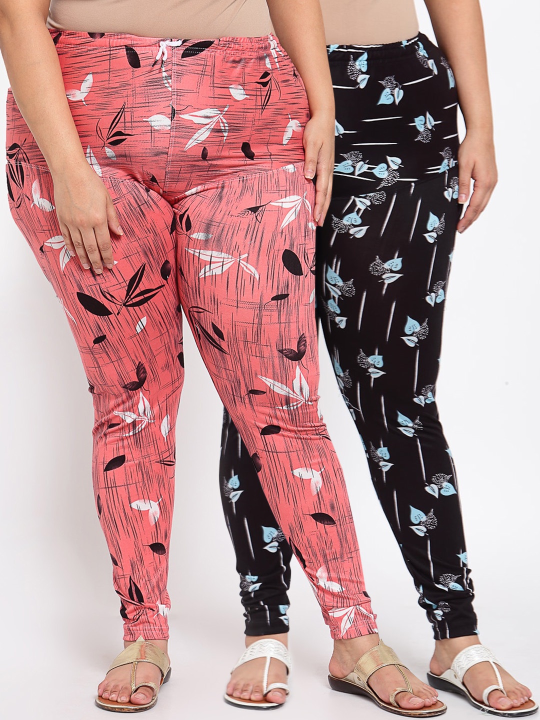 

KLOTTHE Women Plus Size Pack of 2 Black & Peach Printed Leggings