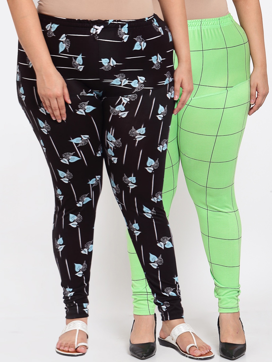 

KLOTTHE Women Plus Size Pack Of 2 Green & Black Printed Mid-Rise Leggings