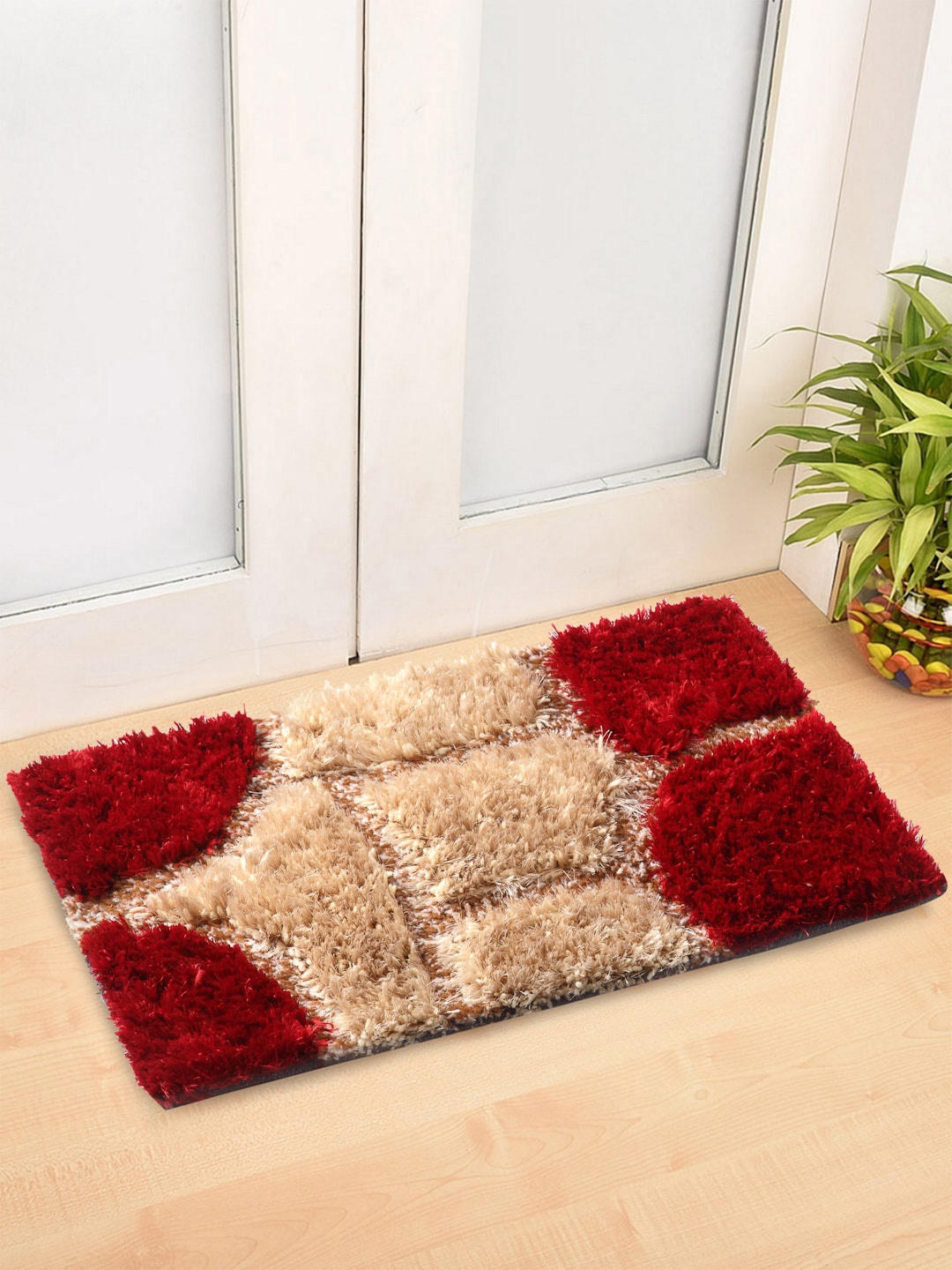 Arrabi Set Of 2 Red & Beige Geometric Synthetic Floor Mats