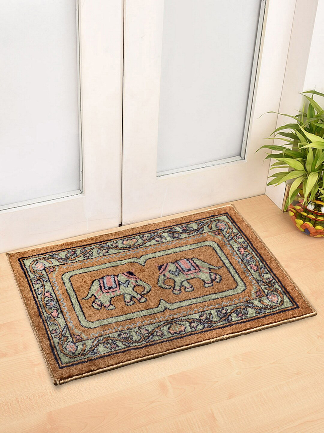 

Arrabi Set Of 2 Brown & Off-White Ethnic Motifs Synthetic Floor Mats