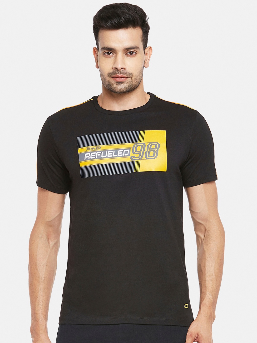 

Ajile by Pantaloons Men Black Yellow Typography Printed Cotton Pure Cotton T-shirt