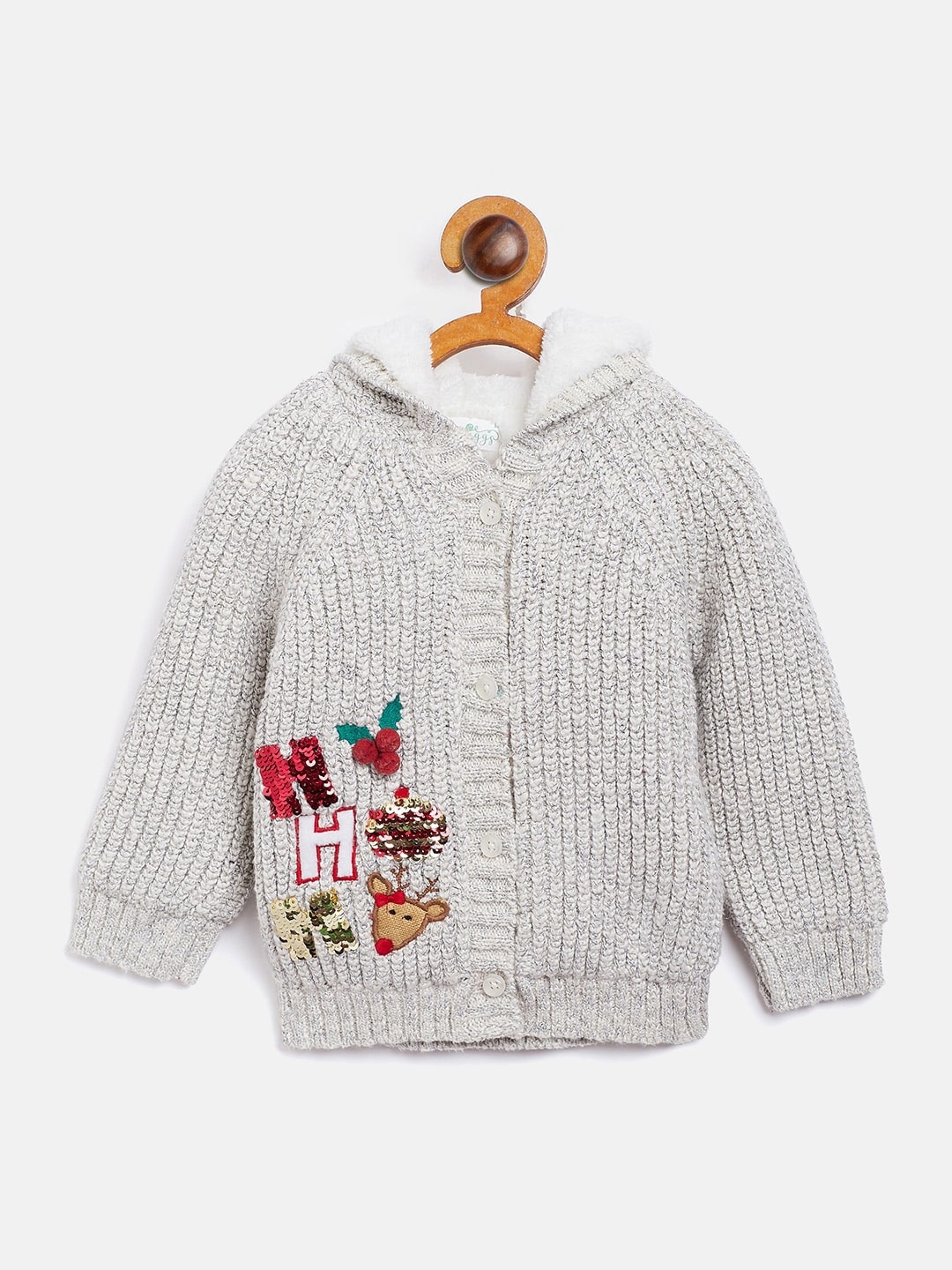 

JWAAQ Girls Grey Embroidered Pure Cotton Front-Open Sweater