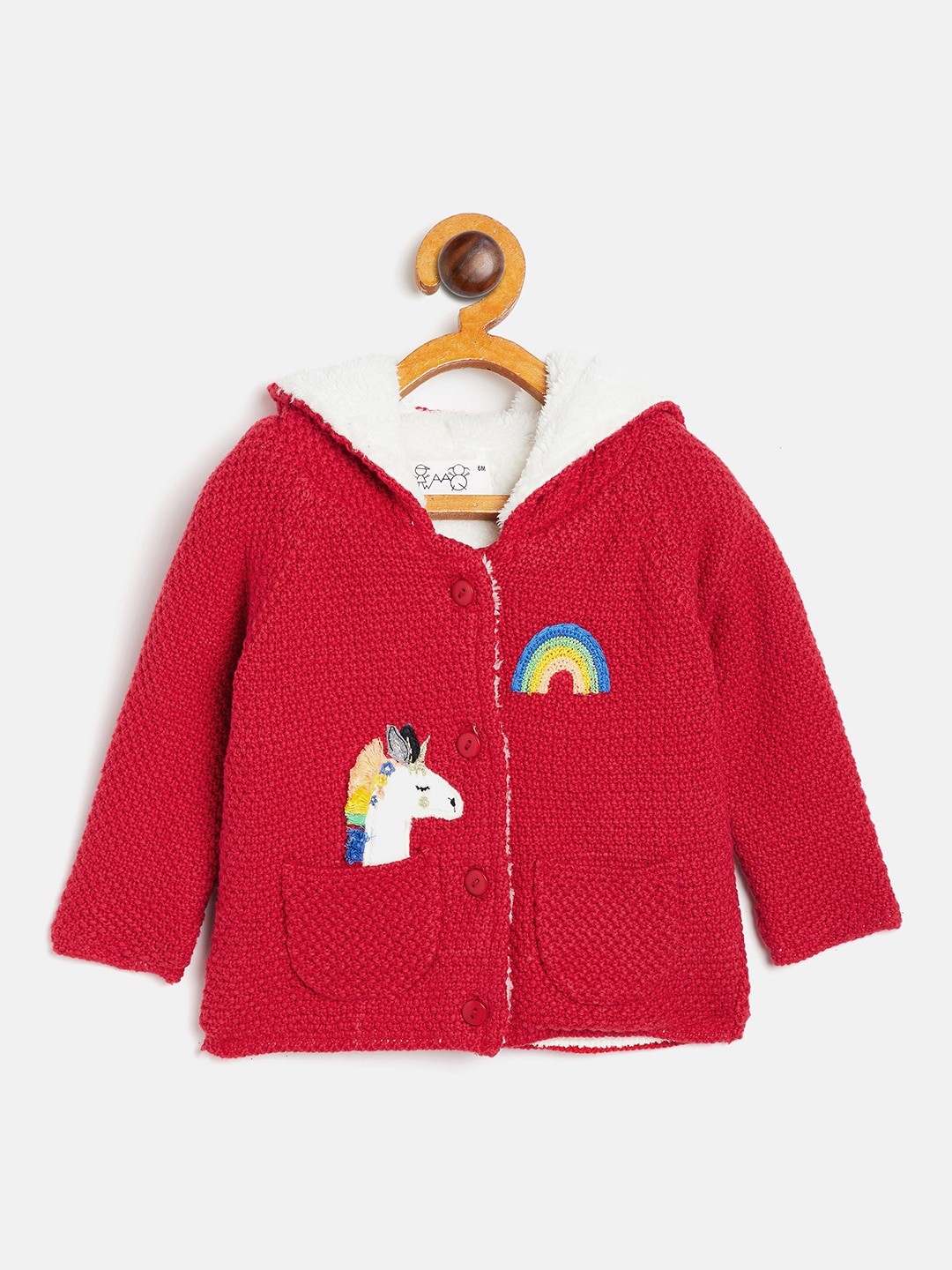 

JWAAQ Unisex Kids Red Pure Cotton Solid Hooded Front-Open With Applique Sweater