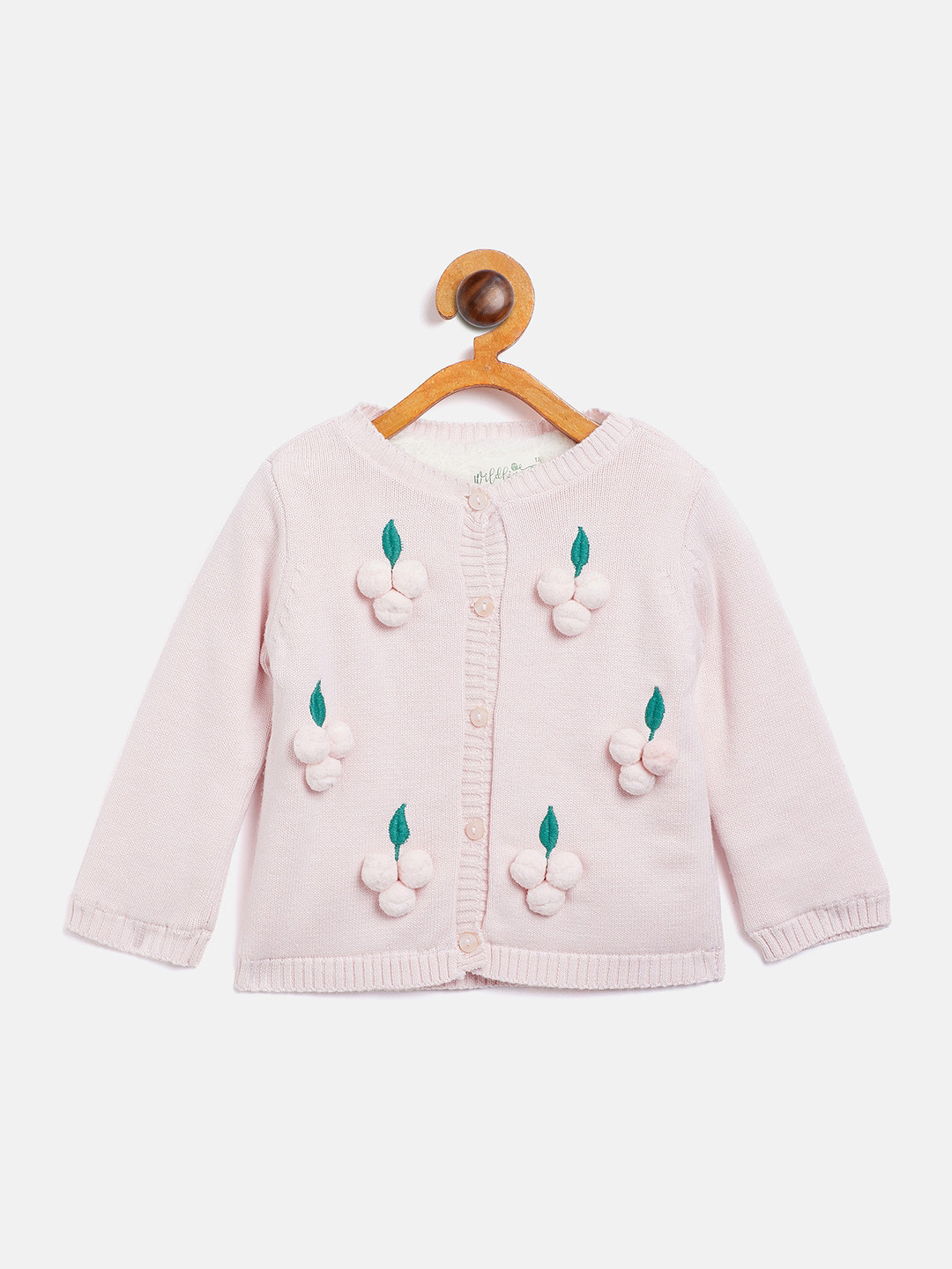 

JWAAQ Girls Pink & Green Embroidered Pure Cotton Cardigan With Button Detail