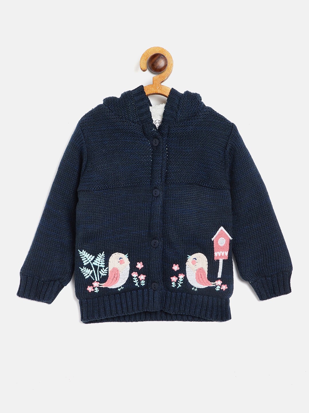 

JWAAQ Girls Navy Blue & Rose Conversational Embroidered Pure Cotton Hooded Cardigan