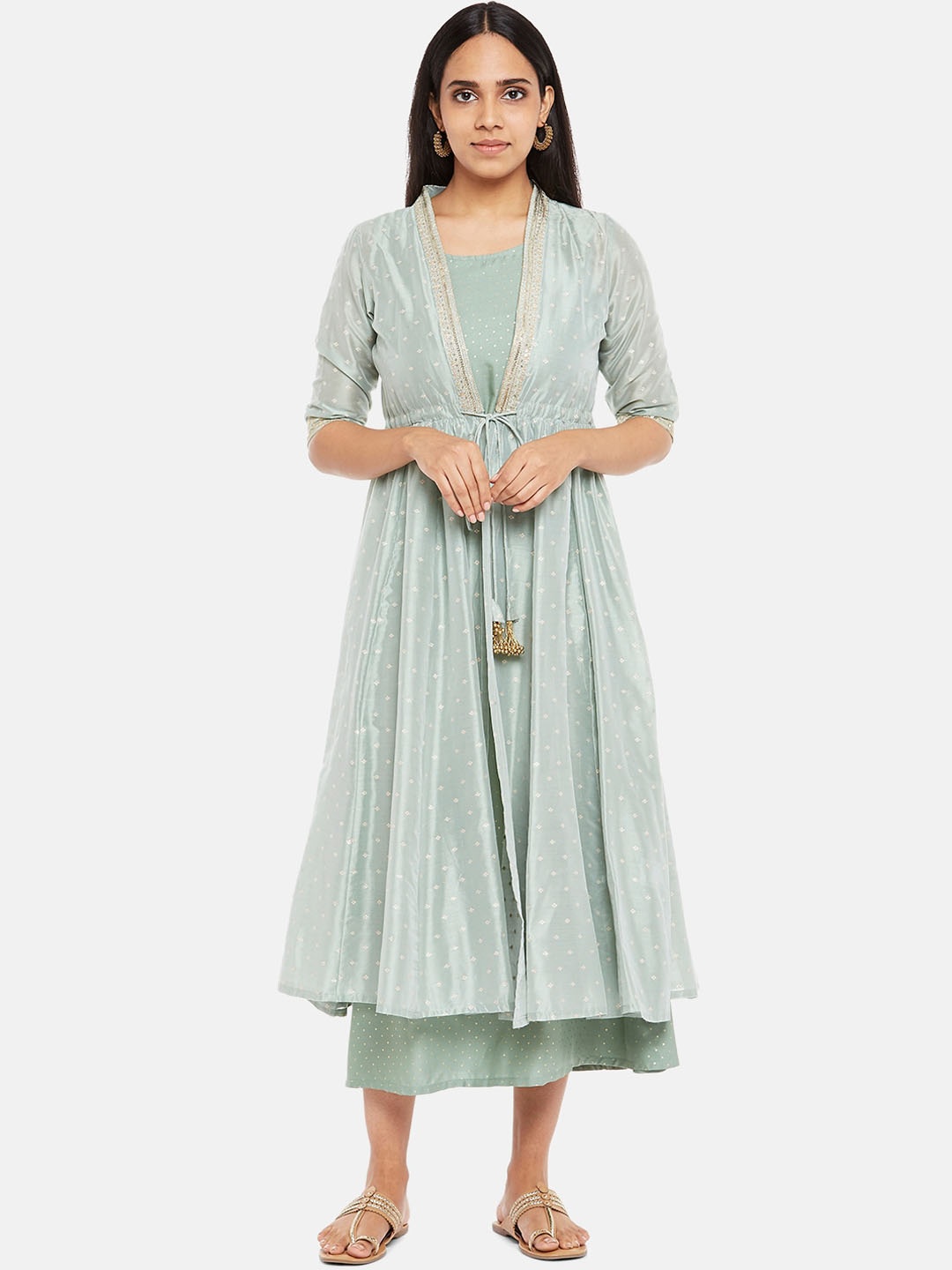 

RANGMANCH BY PANTALOONS Sea Green Layered Ethnic A-Line Midi Dress with Jacket