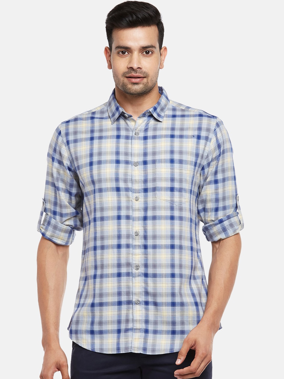 

BYFORD by Pantaloons Men Grey & Blue Slim Fit Opaque Checked Pure Cotton Casual Shirt