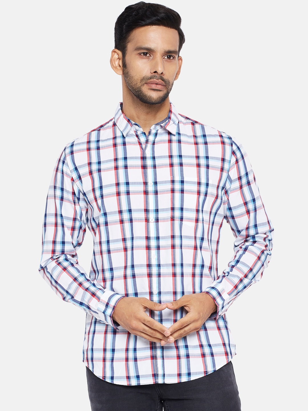 

BYFORD by Pantaloons Men Blue & Red Slim Fit Opaque Checked Pure Cotton Casual Shirt