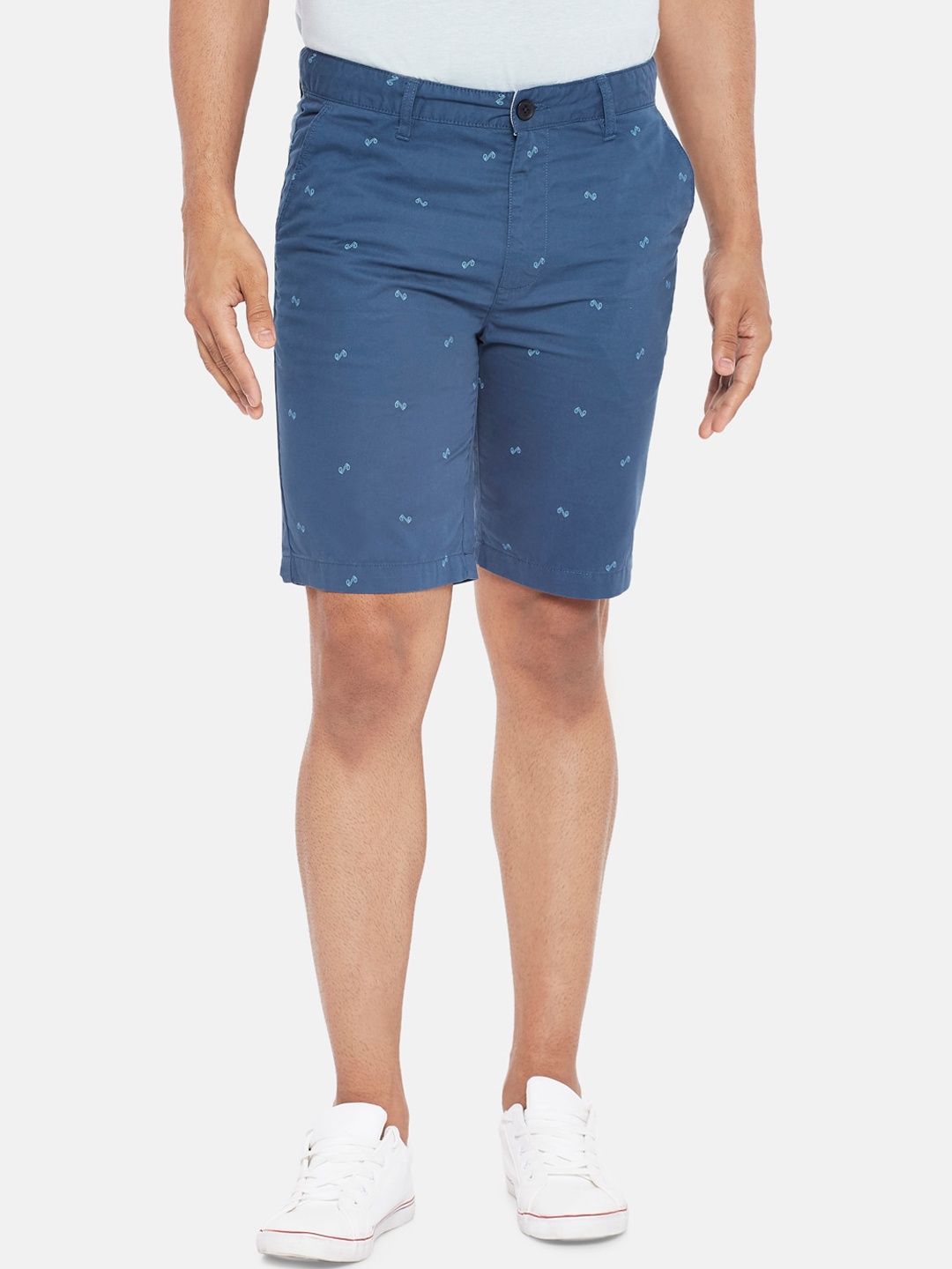 

BYFORD by Pantaloons Men Blue Ditsy Printed Slim Fit Low-Rise Pure Cotton Regular Shorts