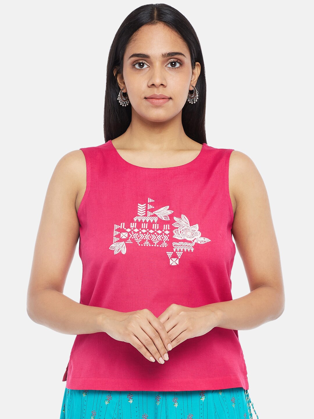 

AKKRITI BY PANTALOONS Fuchsia & White Embroidered Cotton Regular Top
