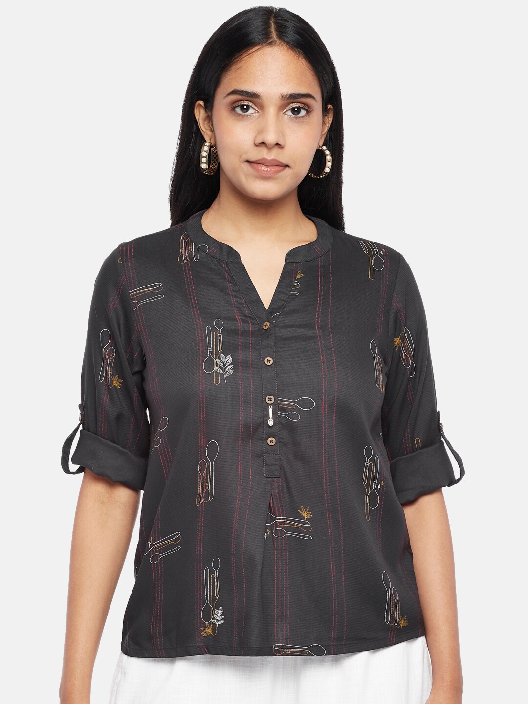 

AKKRITI BY PANTALOONS Women Charcoal & White Mandarin Collar Shirt Style Top