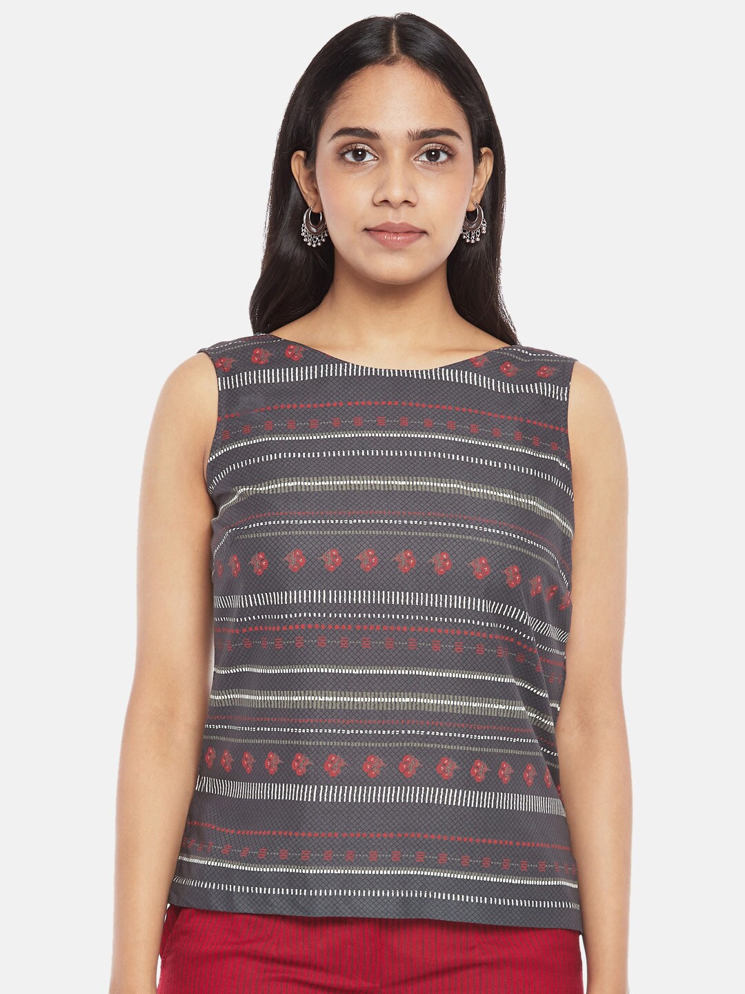 

AKKRITI BY PANTALOONS Women Charcoal & White Tribal Regular Top