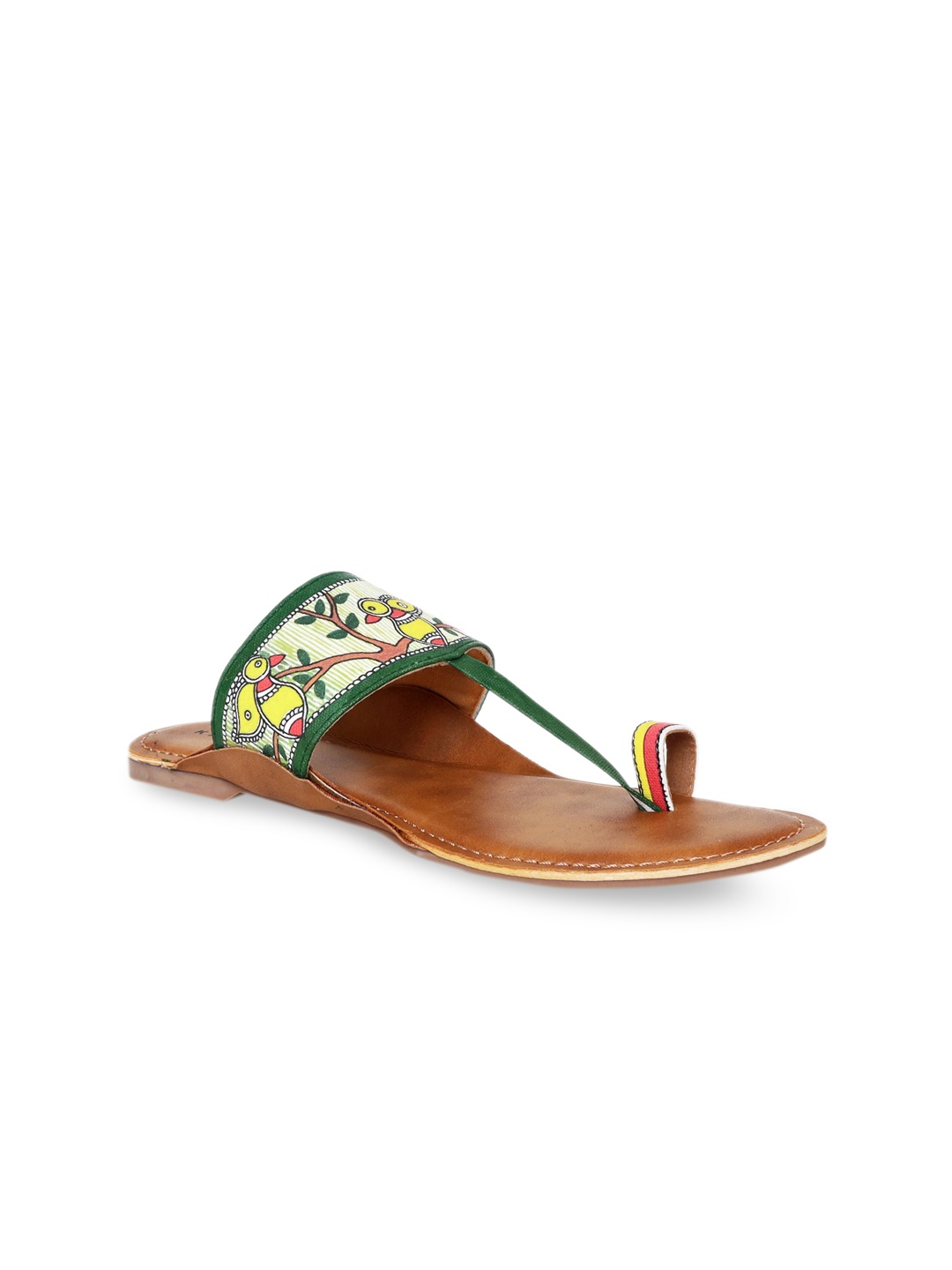 

Kanvas Women Green & Yellow Printed Ethnic One Toe Flats