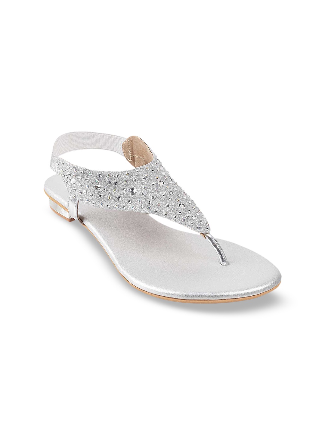 

Metro Women Silver-Toned Embellished T-Strap Flats