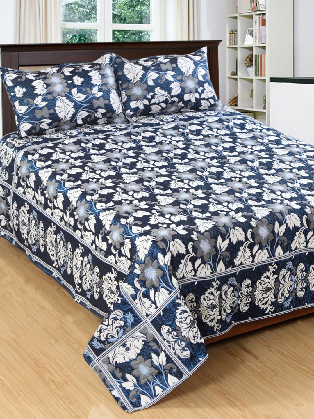 

Varde Blue & White Woven-Design Jacquard Double Bed Cover With Pillow Covers