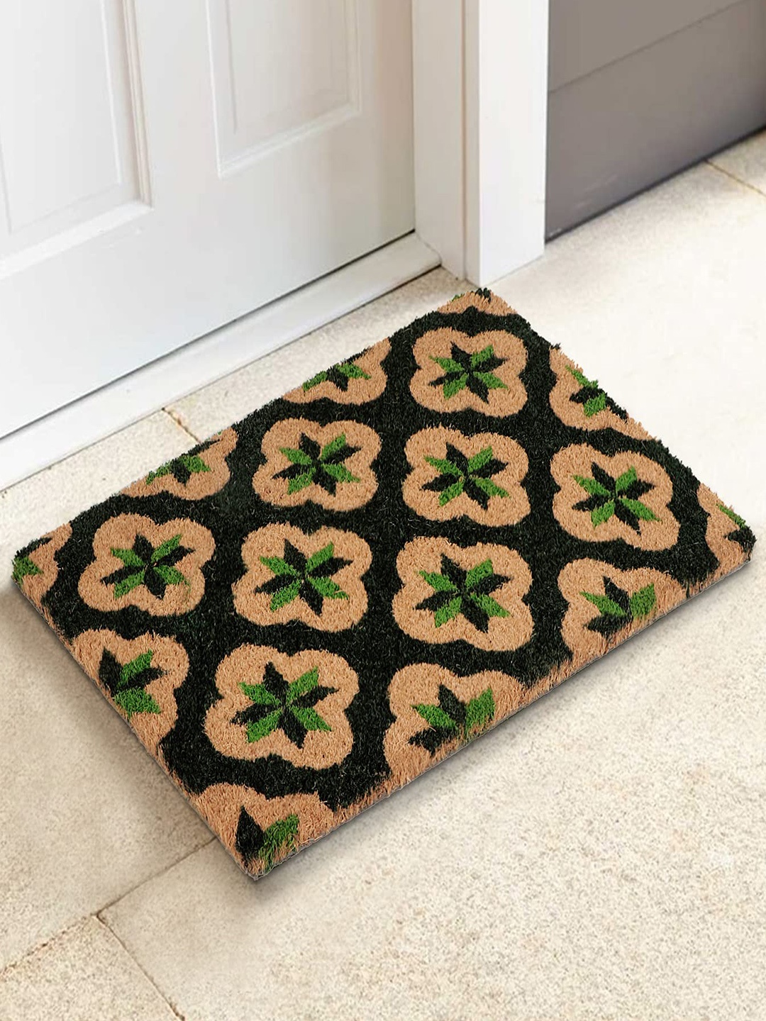 

HOKIPO Brown & Green Printed Natural Coconut Coir Anti-Skid Door Mat, Beige
