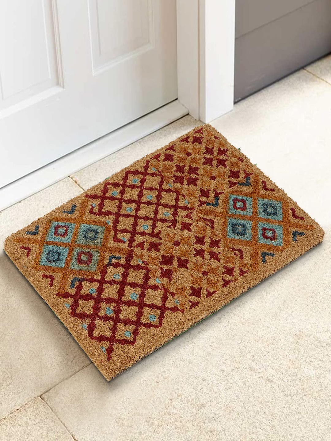 

HOKIPO Brown & Maroon Printed Rectangular Coconut Coir Anti-Skid Doormat