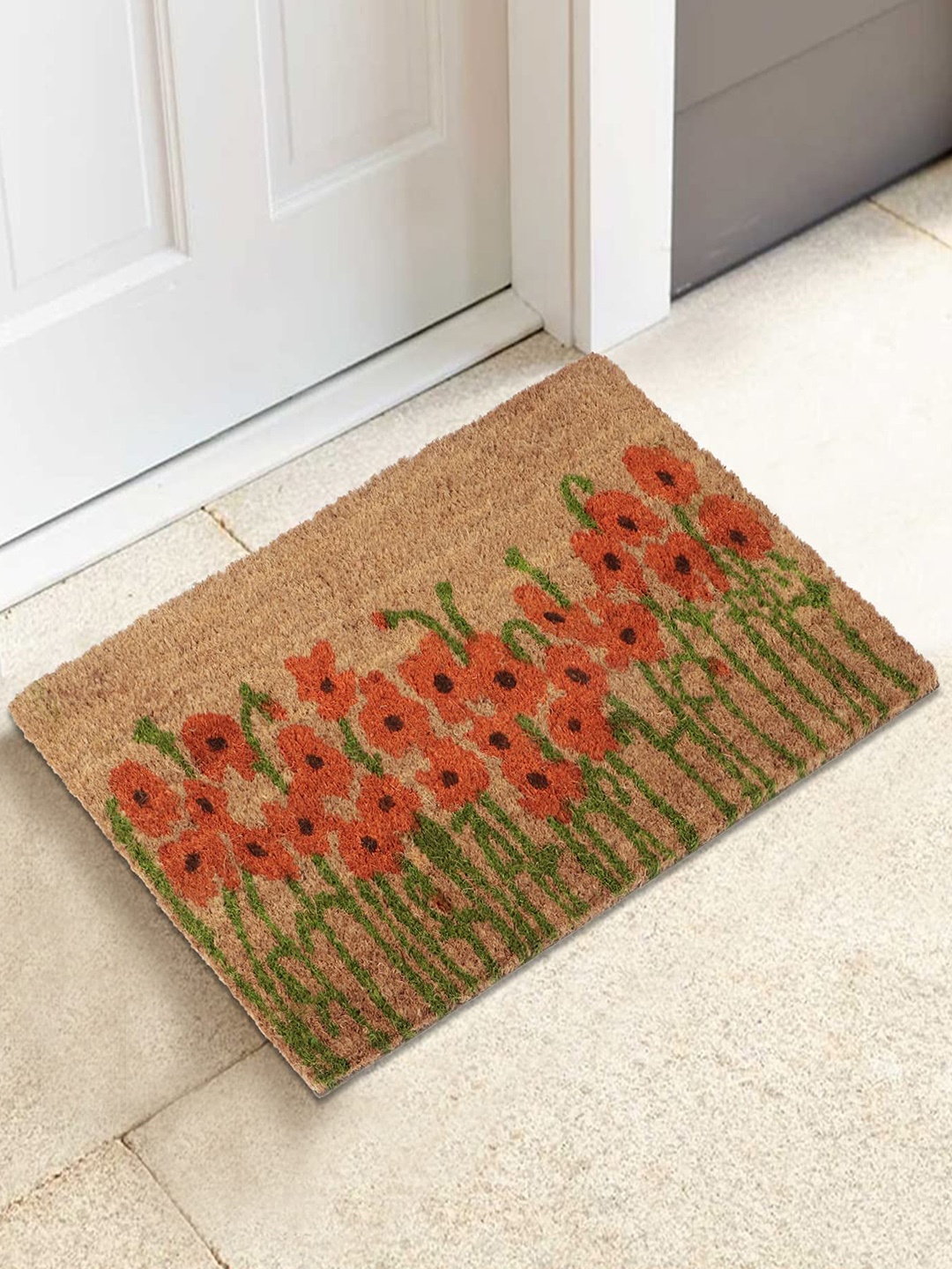 

HOKIPO Brown & Orange Printed Anti-Skid Coir Doormat