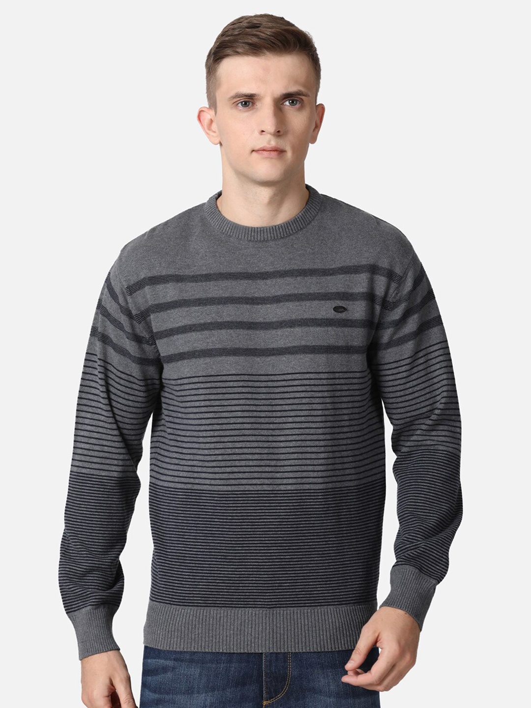 

t-base Men Grey & Black Striped Cotton Pullover