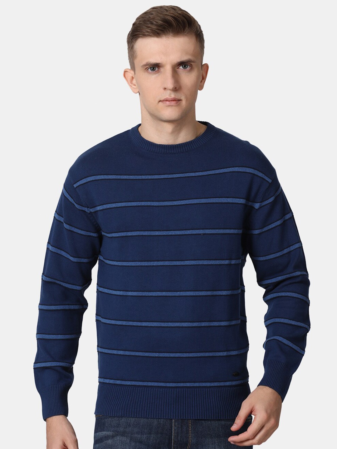 

t-base Men Navy Blue Striped Cotton Pullover