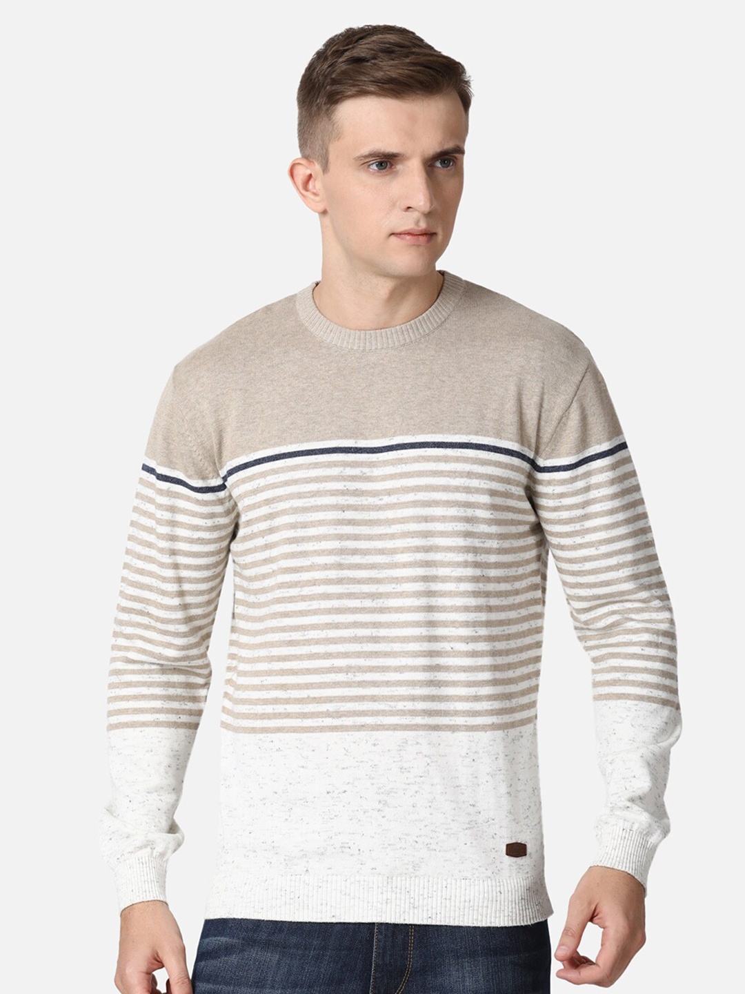 

t-base Men Beige & White Striped Cotton Pullover