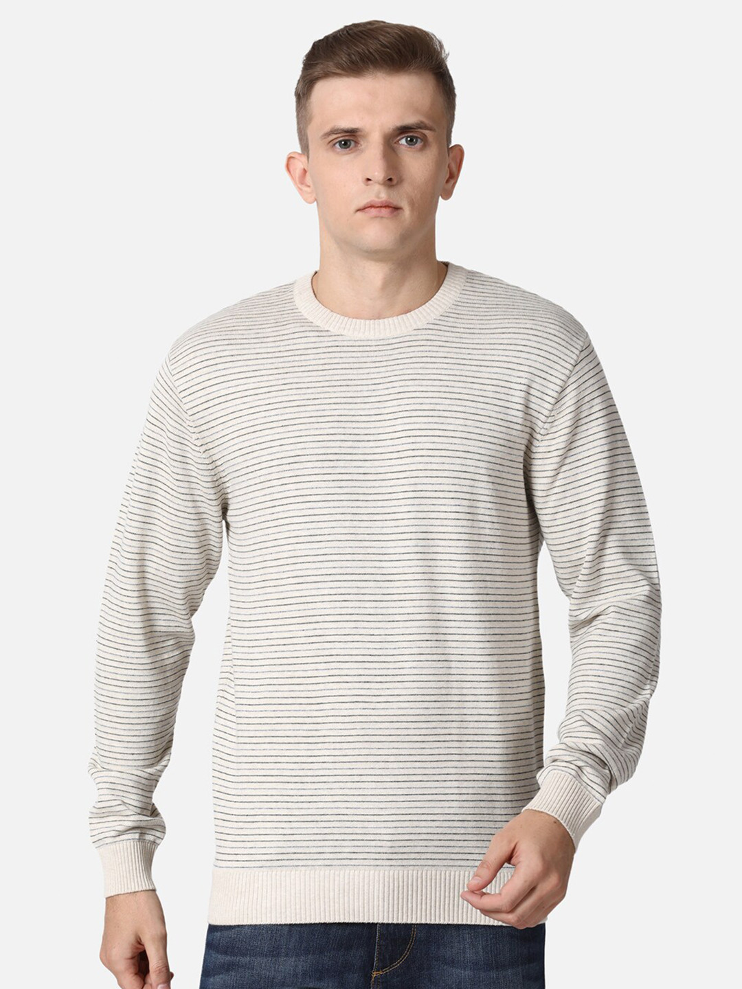 

t-base Men Beige Striped Cotton Pullover