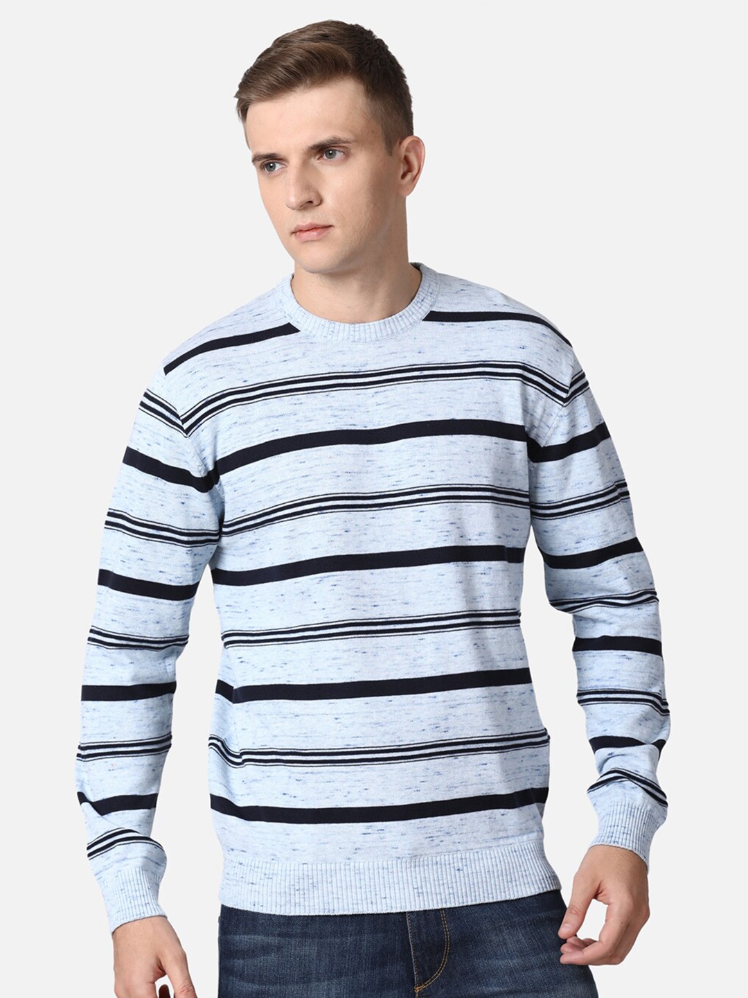 

t-base Men Blue & Black Striped Cotton Pullover