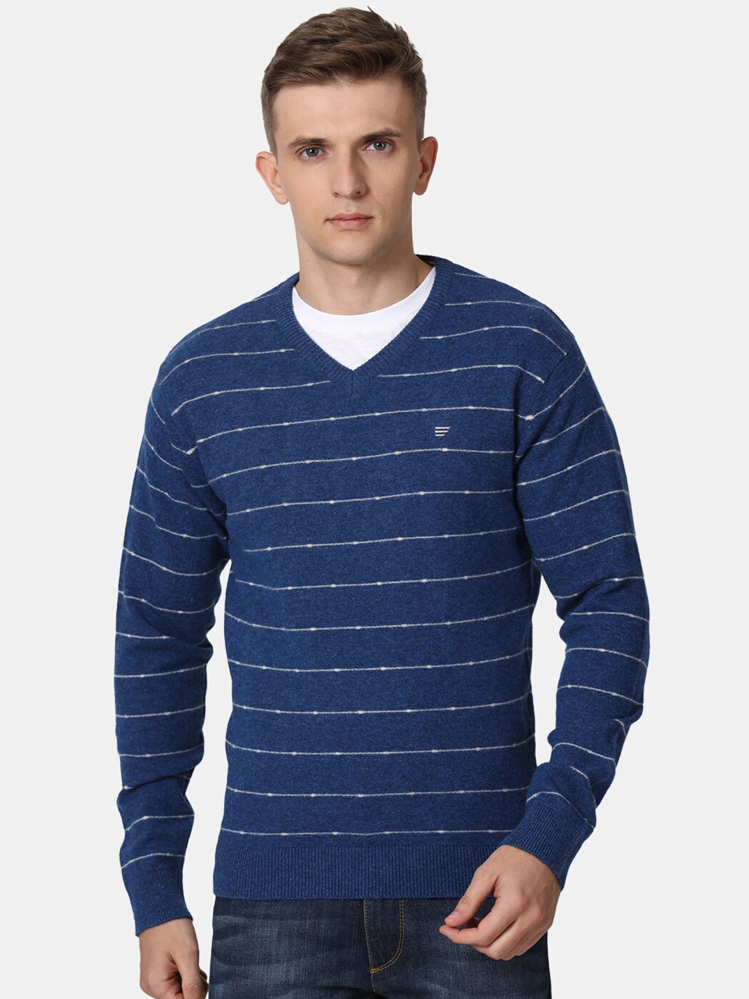 

t-base Men Navy Blue & White Striped Cotton Pullover