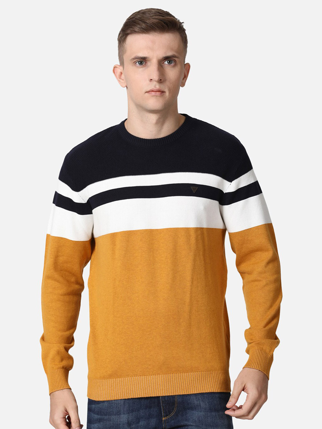 

t-base Men Black & Mustard Colourblocked Cotton Pullover