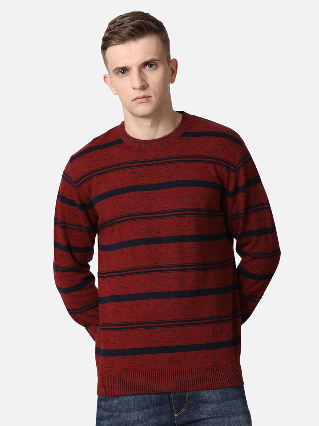 

t-base Men Red & Navy Blue Striped Cotton Pullover