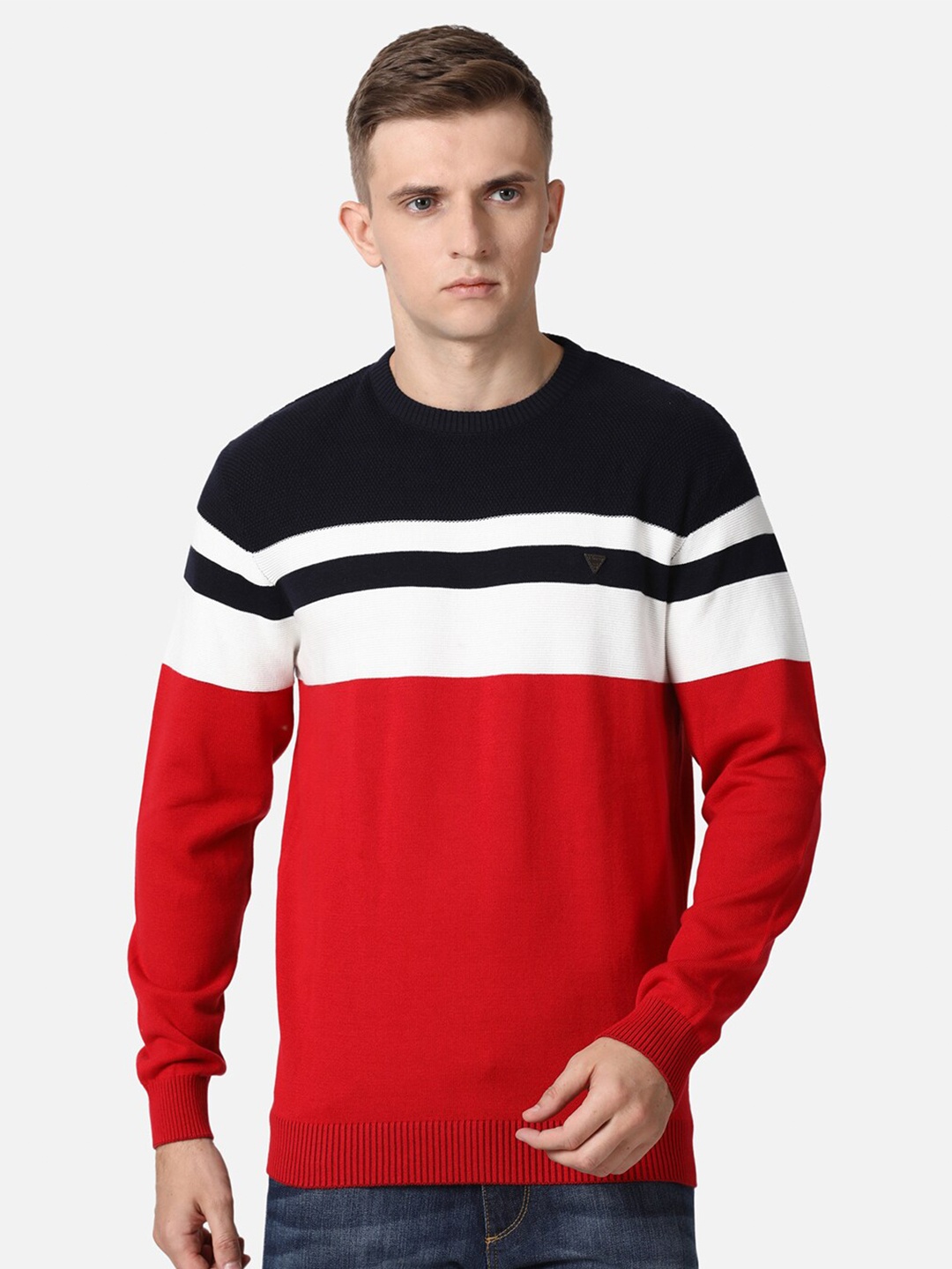 

t-base Men Red & White Colourblocked Cotton Pullover