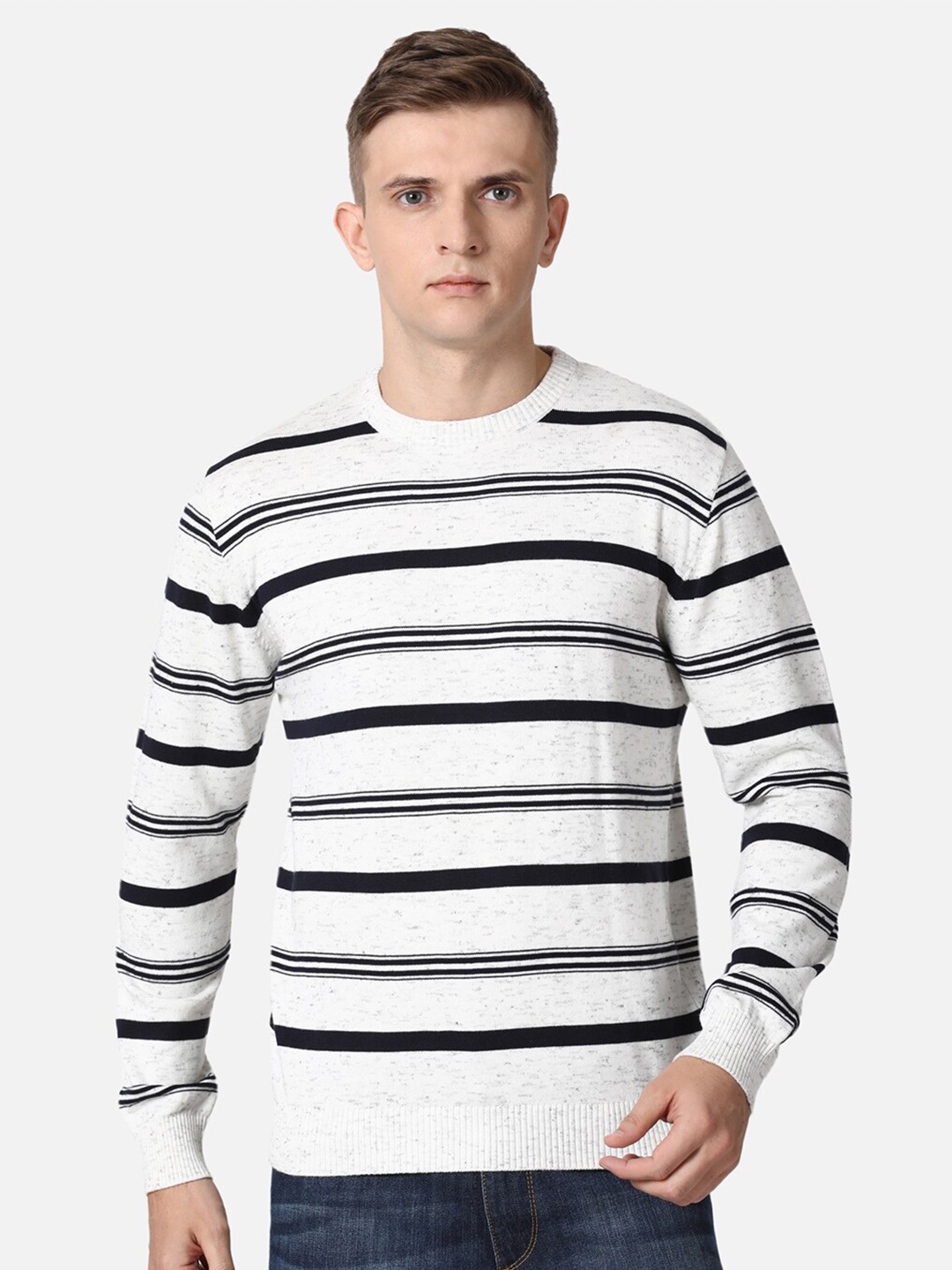 

t-base Men Off White & Navy Blue Striped Cotton Pullover