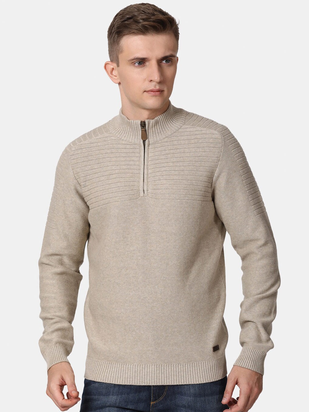 

t-base Men Beige Striped Cotton Pullover