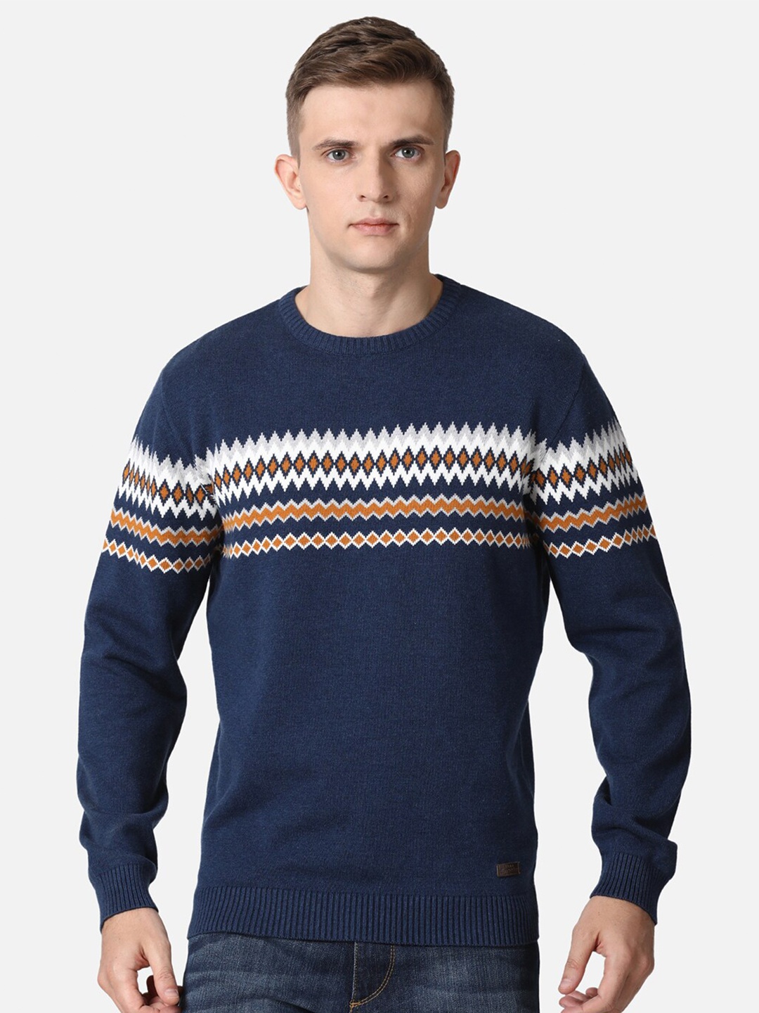 

t-base Men Navy Blue & Brown Striped Cotton Pullover
