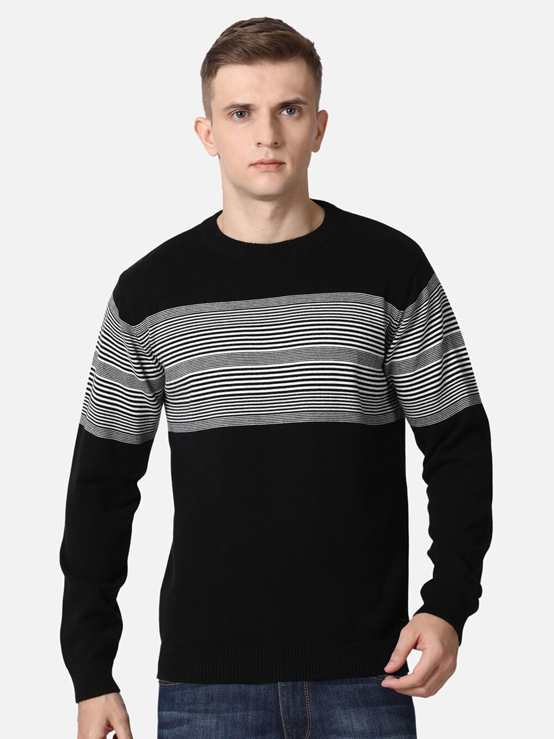 

t-base Men Black & White Striped Cotton Pullover