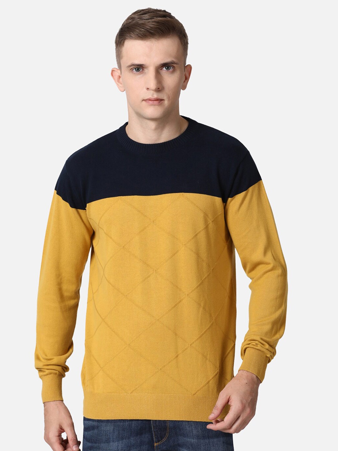 

t-base Men Mustard & Black Colourblocked Cotton Pullover