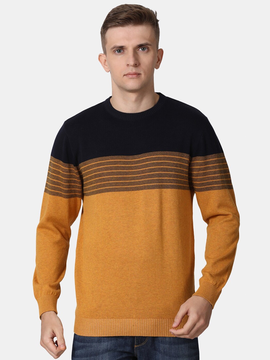 

t-base Men Mustard & Black Striped Colourblocked Cotton Pullover
