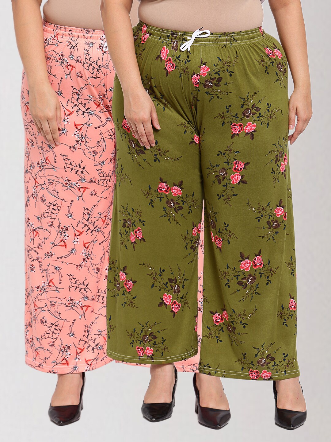 

KLOTTHE Women Plus Size Pack of 2 Floral Printed Palazzos, Green