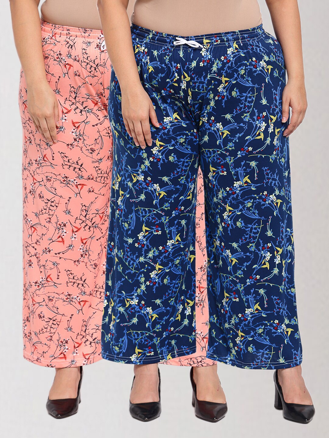 

KLOTTHE Women Set of 2 Peach-Coloured & Navy Blue Floral Printed Palazzos