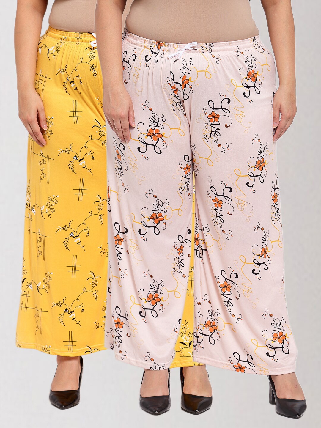 

KLOTTHE Women Pink & Yellow Pack of 2 Floral Printed Palazzos